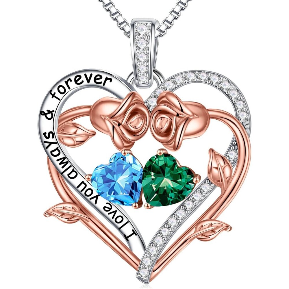 Double Heart Pendant Necklace With Birthstones - Perfect Jewelry Gift For Women